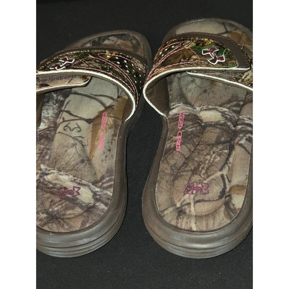 Under Armour‎ Kids Slides Sandals Youth Camo Pink Logo Slip On Shoes